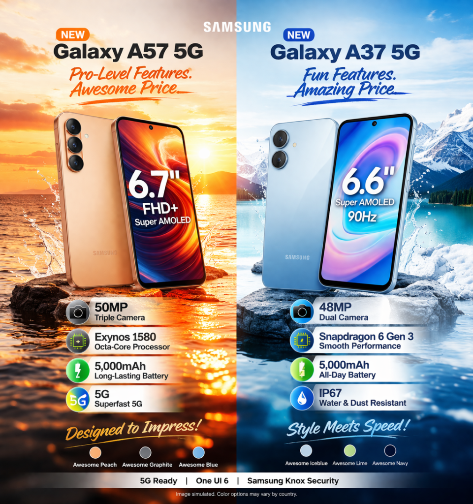 Samsung Galaxy A57 5G and Galaxy A37 5G Launched in India: Slimmest Design, 6-Year Updates & Pro AI Features Starting at ₹41,999!
